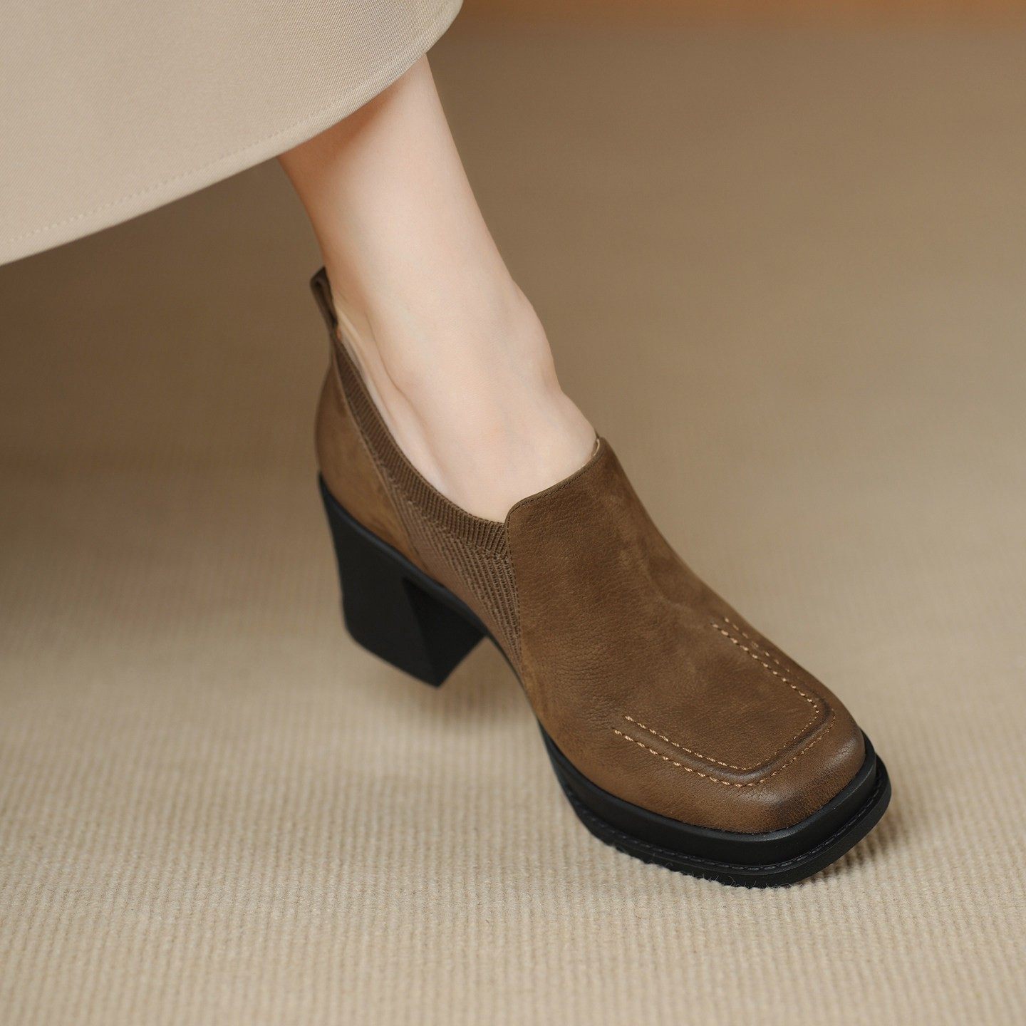 7CM小个子增高厚底单鞋女25秋季真皮粗跟针织弹力复古深口小皮鞋,女鞋,深口单鞋,淘宝优惠券,粉丝福利购,淘宝优惠卷