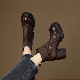 8CM 小个子复古高跟马丁靴女秋冬真皮圆头针织拼接后拉链瘦瘦短靴