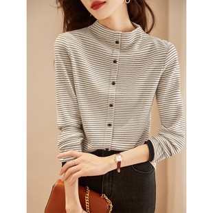 潮 春秋设计感百搭保暖打底衫 欧洲站条纹半高领长袖 T恤女2025新款