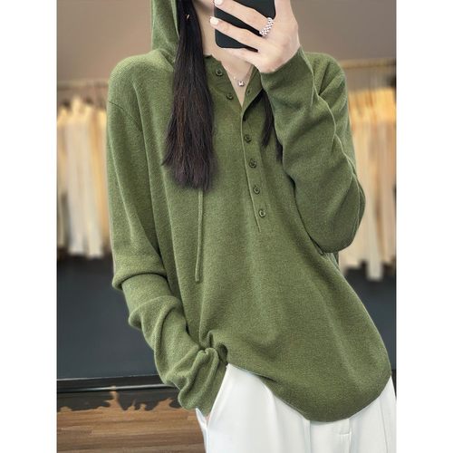 秋季连帽针织衫女精纺100纯山羊绒卫衣秋装新款宽松带帽薄款上衣