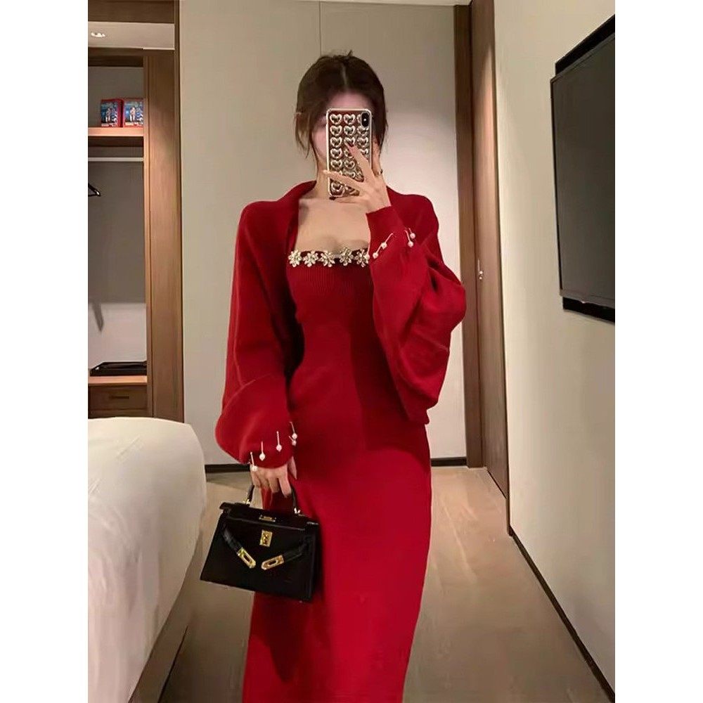 XZOXZO赫本小红裙订婚礼服敬酒服新年本命年年会红色连衣裙女秋装