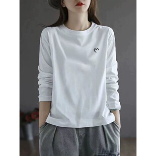 韩国正肩圆领白色宽松2025新款t恤春秋季棉质打底衫女士长袖上衣