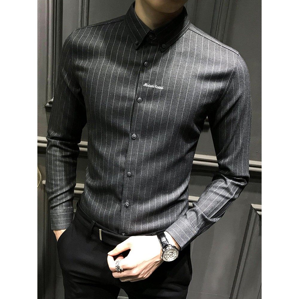 条纹衬衫男士秋冬季加绒加厚保暖修身长袖衬衣商务休闲高级感男装
