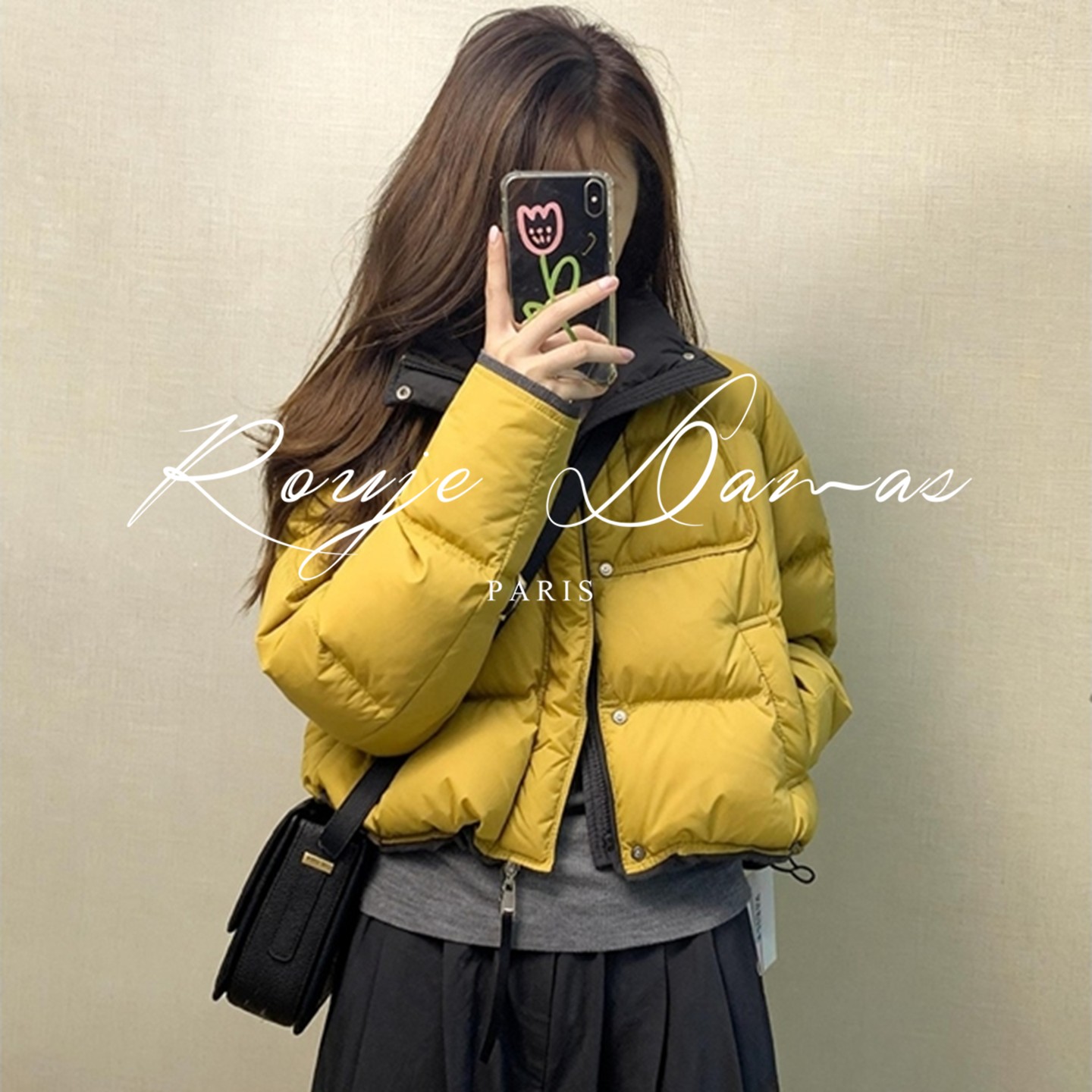 Rouje Damas黄色翻领撞色羽绒服女小个子韩系宽松短款面包服外套