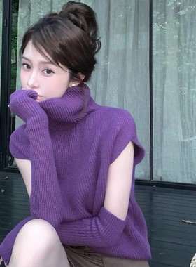 紫色套头高领毛衣的妇女在春季和秋季，高底无袖内上衣，宽松的懒