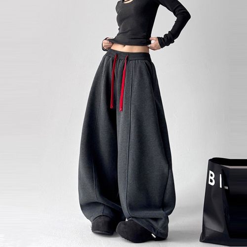 ader深灰色弯刀裤卫裤女冬季美式高腰垂感显瘦加绒加厚运动阔腿裤