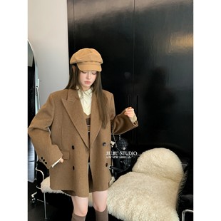 羊毛西装外套女2025年秋冬季羊绒大衣短款西服戗驳领双面毛呢正肩