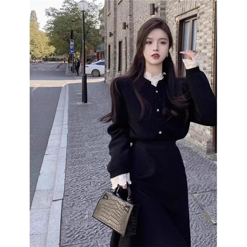 XZOXZO针织洋装新款蕾丝拼接小香风黑色毛衣裙两件式套装裙女秋冬