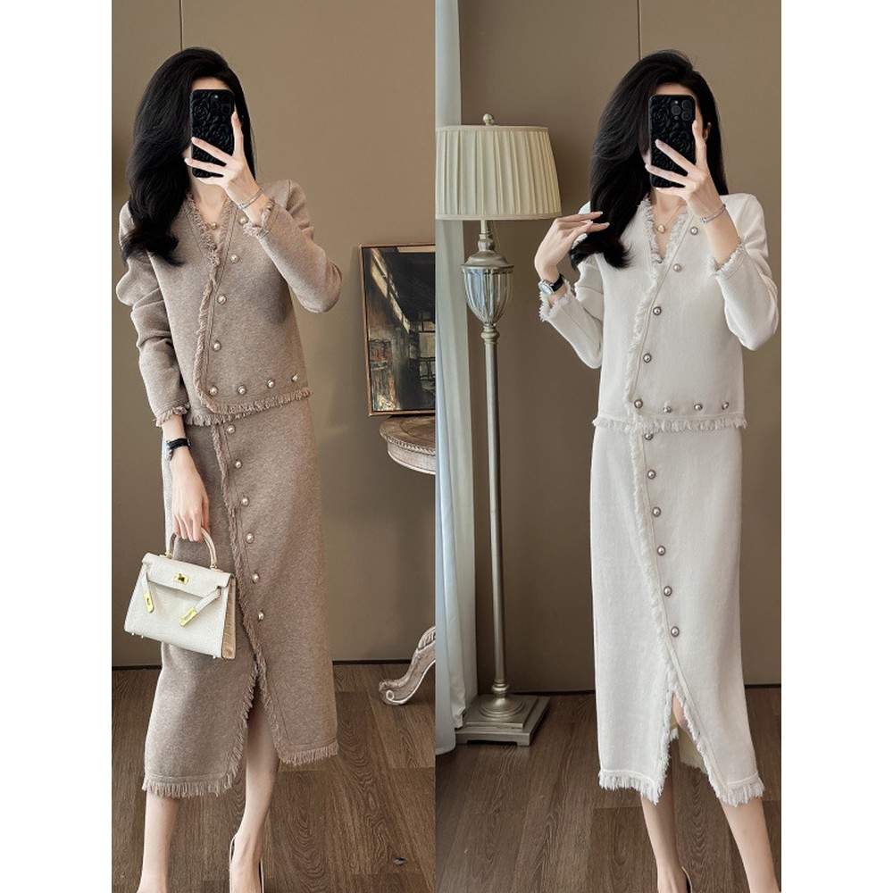 XZOXZO气质名媛轻奢流苏针织套装裙秋冬新款不规则半身裙两件套女