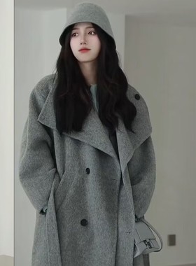 灰色双面羊绒大衣女大翻领秋冬新款中长款羊毛呢子韩系高级感外套