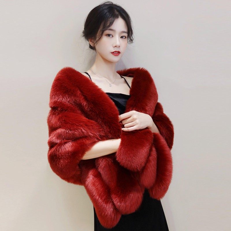 婚纱披肩女冬高端年宴会结婚礼服旗袍外搭环保狐狸毛皮草斗篷外套