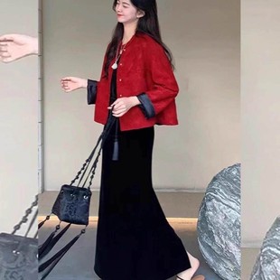 欧洲站秋冬生肖新年新年红色新中国风民族风格 外套黑色吊带裙女士