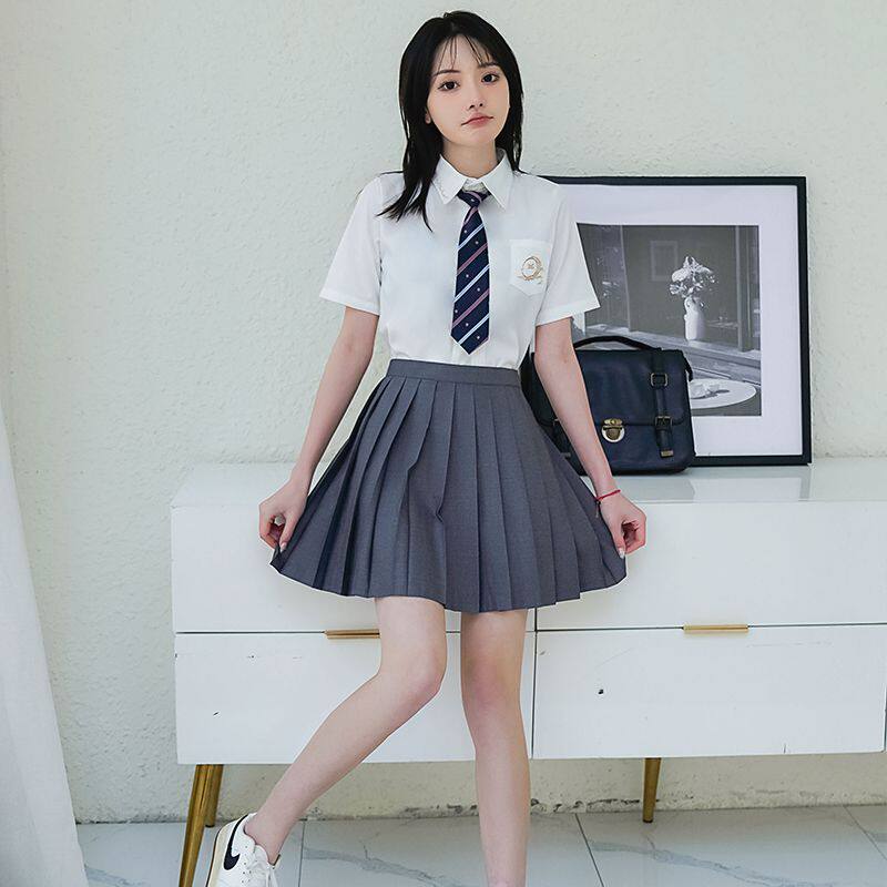 日系jk制服学院风大码A字高腰半身裙黑色百褶裙女学生夏短裙套装