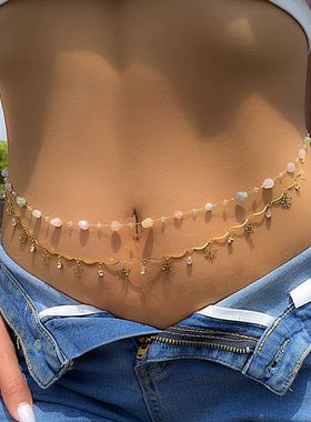 欧美跨境饰品 性感双层金属身体链 创意镂空小蝴蝶水钻碎石腰链女