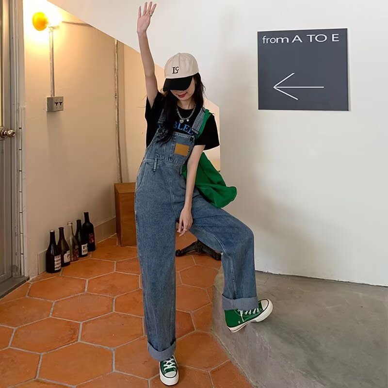 大码复古牛仔裤女直筒阔腿裤春秋吊带裤背带裤拖地裤子小众长裤子