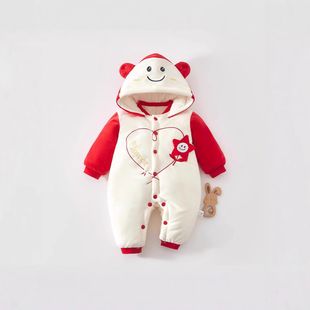 新生婴儿棉哈衣新年服周岁服加厚加绒爬爬服连体衣过年衣喜庆哈服