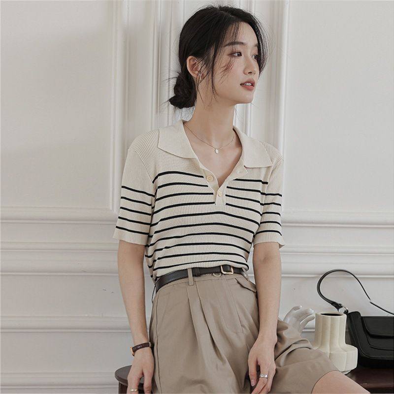 法式v领黑白条纹针织衫女夏装薄款甜美冰丝短袖t恤日系polo衫上衣,女装/女士精品,POLO衫,淘宝优惠券,粉丝福利购,淘宝优惠卷