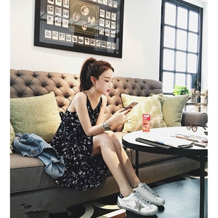 2018夏季新款韩版宽松显瘦无袖雪纺中长款小清新碎花吊带连衣裙