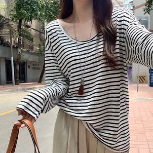 撞色条纹外搭薄款防晒长袖T恤女2025年夏季新款微透空调罩衫上衣