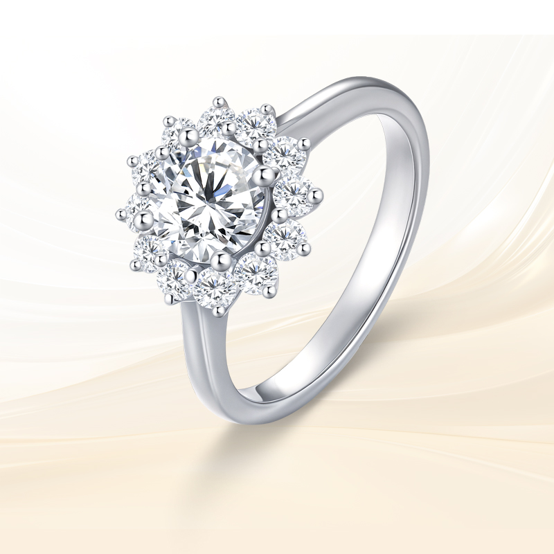 千安珠宝 18K金培育钻石戒指女小众设计太阳花求婚50分一克拉钻戒