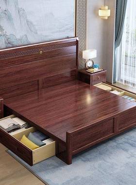 新中式金5实木木床1.8米双人卧室BBF高箱储物现乌代1.米小户型单