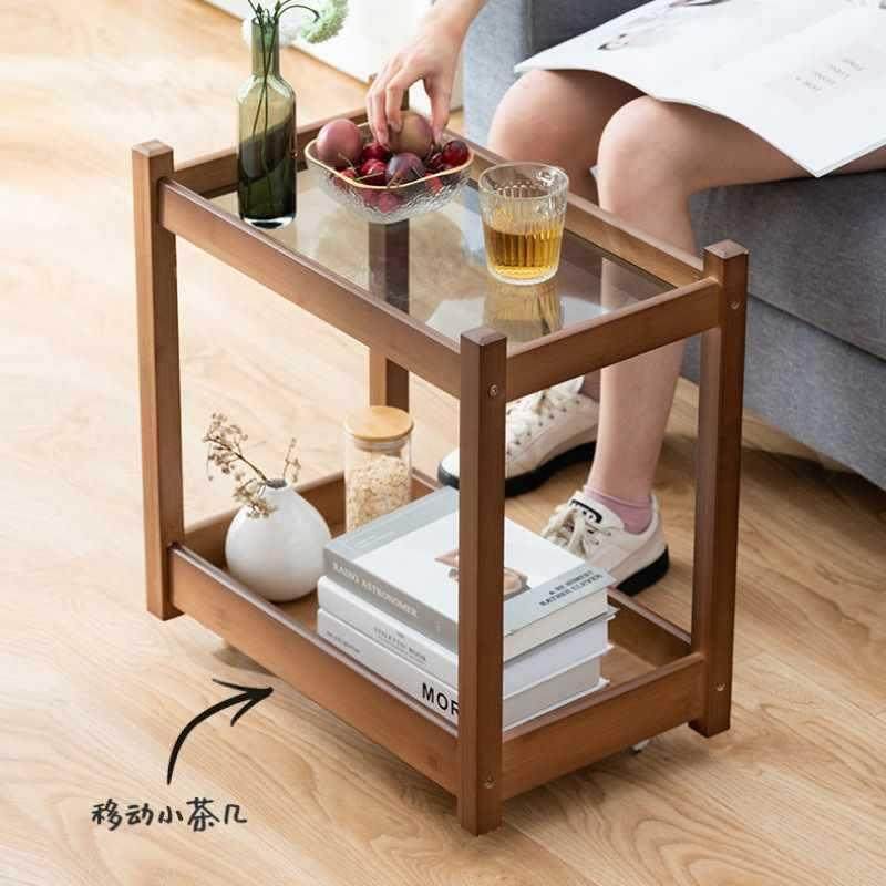 黑胡桃樱桃边几实木木轮茶台茶桌移动可UYW茶几带家用小推车沙发