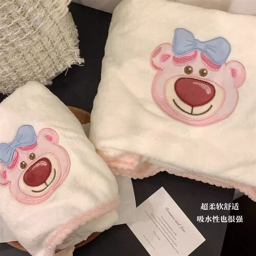 【6款可选】超值两件套软糯卡通刺绣珊瑚绒柔软S勾边卡通浴巾组D