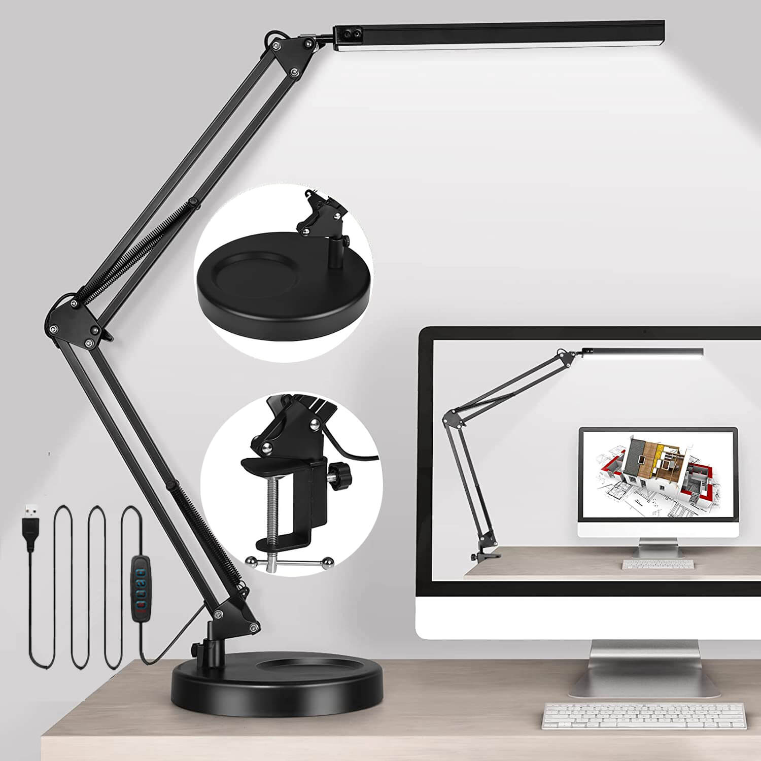 7KLED长臂折叠护眼台灯卧室宿舍床头阅读学习工作设计桌面夹子2用