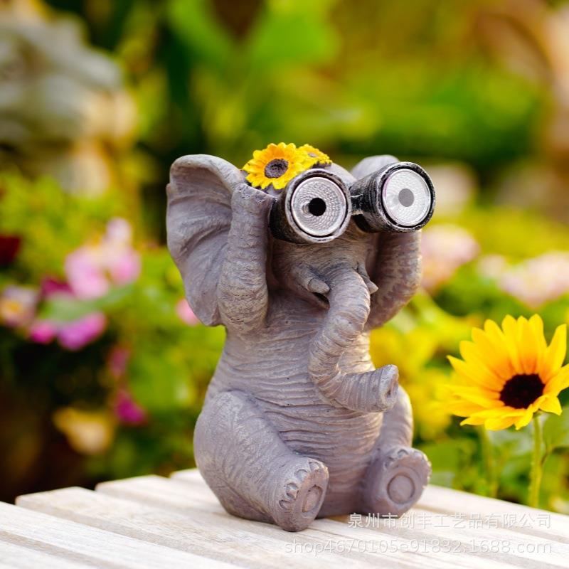 跨境太阳能庭院灯树脂动物摆件花园阳台庭院装饰大象戴望远镜摆件