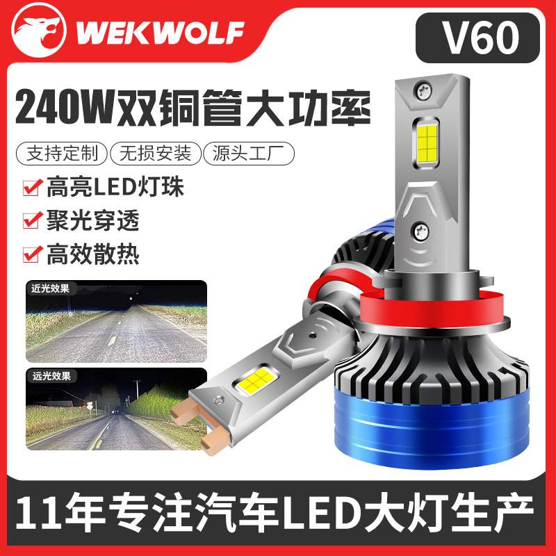 威耀240W大功率双铜管汽车led大灯超亮聚光通用h7h11H49005车灯泡