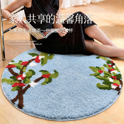 蓝底红梅簇绒地垫圆形卧室床边地柔软亲肤防滑耐磨耐脏脚垫可机洗