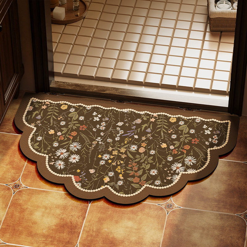 美式绿色花朵半圆形浴室地垫卫生间防滑脚垫硅藻泥吸水垫门口地毯
