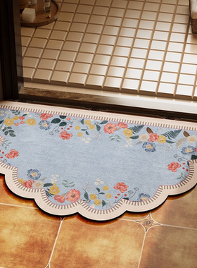 美式蓝色小碎花半圆形浴室地垫卫生间防滑脚垫门口硅藻泥吸水地毯