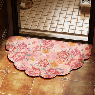 美式粉色玫瑰花半圆形浴室地垫卫生间防滑脚垫门口硅藻泥吸水地毯