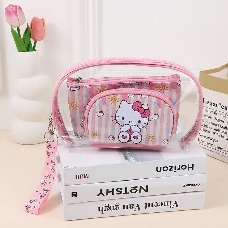 凯蒂猫日系卡通PU三件套手提化妆包护肤品kt猫旅行化妆品刷洗漱女