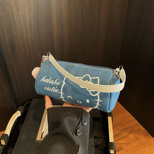 哈喽kt迷你圆筒包包手拎包小巧kitty猫手提包小包牛仔刺绣斜挎包
