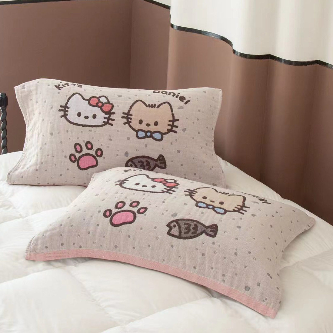 kitty四层棉纱布枕巾卡通不掉毛