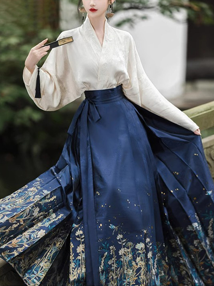 新中式蓝色马面裙套装女2024春秋新款改良明制汉服复古国风两件套