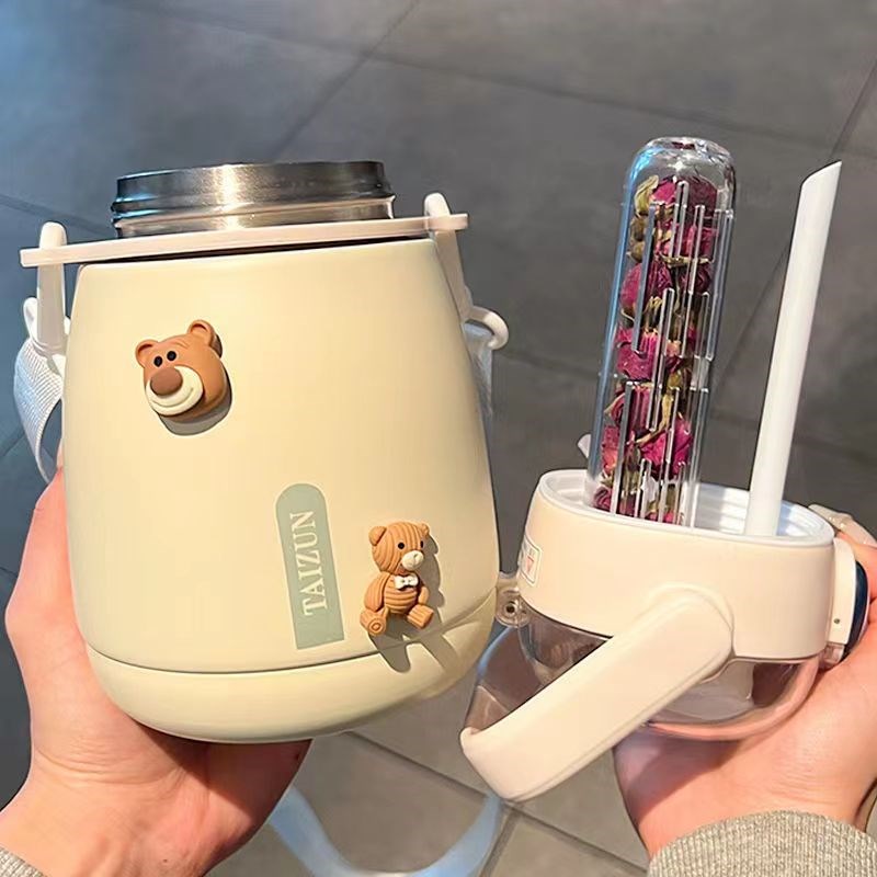 大肚保温杯带茶隔k女生高颜值学生便携水壶吸管大容量茶水分离水