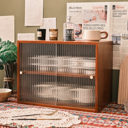 实木水杯茶具玻璃桌面收纳盒香水化妆品杯子展示柜V木质置物架防