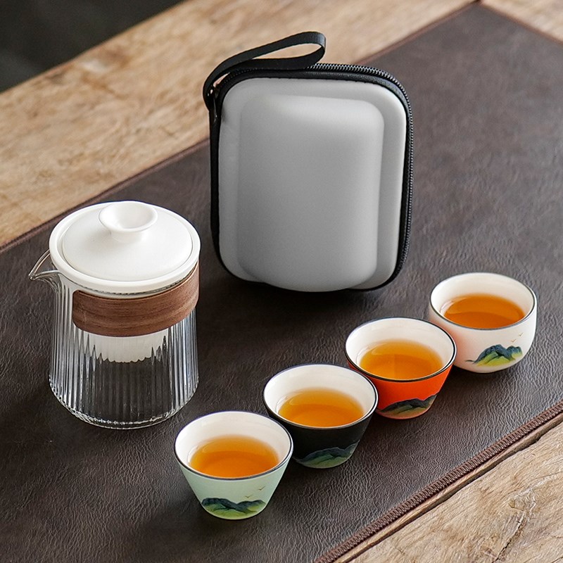 旅行茶具套装一壶二四杯玻璃快z客杯便携式户外旅游泡茶壶随身套