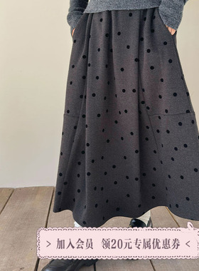三与十三|风的诗篇|秋冬新款加厚波点印花裙子中长款显瘦半身裙女
