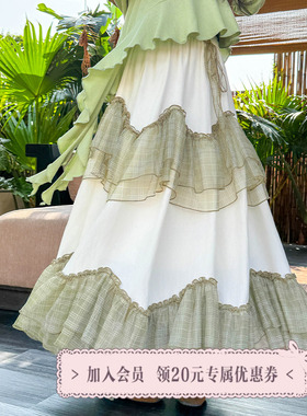 三与十三|春日庄园|森系蕾丝拼接半身裙女撞色氛围感大摆围裙子女
