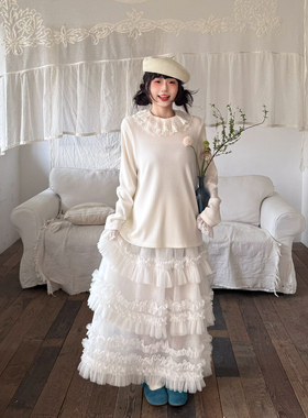 三与十三|微风呢喃|春季甜美风蛋糕裙女木耳边慵懒风网纱半身裙女