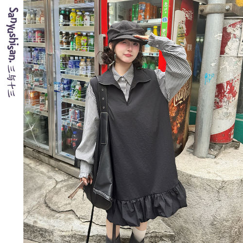 三与十三黑色无袖叠穿连衣裙女