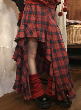 三与十三|浆果小黎|韩系高级感格纹半身裙女荷叶边不规则下摆裙子