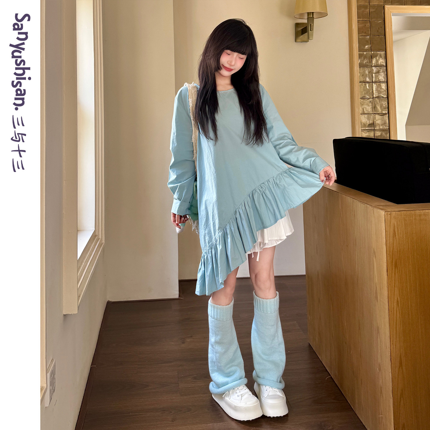 三与十三|蓝色幻想|春季百搭显瘦长款上衣女荷叶边下摆长袖T恤女,女装/女士精品,T恤,淘宝优惠券,粉丝福利购,淘宝优惠卷