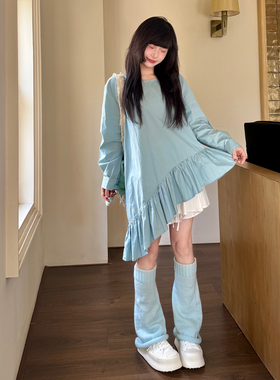 三与十三|蓝色幻想|春季百搭显瘦长款上衣女荷叶边下摆长袖T恤女