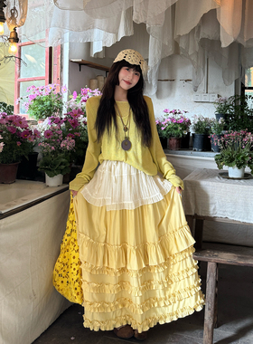 三与十三|海盐千层|日系甜美百搭重工半身裙女木耳花边A字蛋糕裙