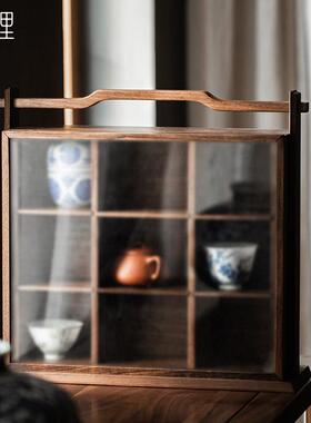 双11.弄子里黑胡桃木实木九宫格手提盒茶具收纳柜桌面收纳箱柜